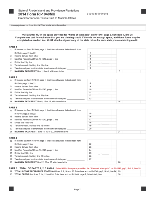 Fillable Form Ri-1040mu - Credit For Income Taxes Paid To Multiple States - 2014 Printable pdf