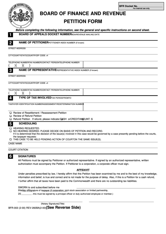 Form Rev-260ba - Board Of Finance And Revenue Petition Form Printable pdf