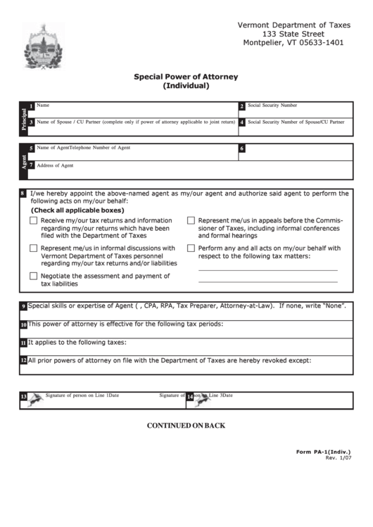 Form Pa-1 - Special Power Of Attorney (Individual) Printable pdf