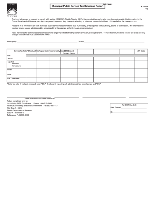 Form Dr-700001 - Municipal Public Service Tax Database Report Printable pdf