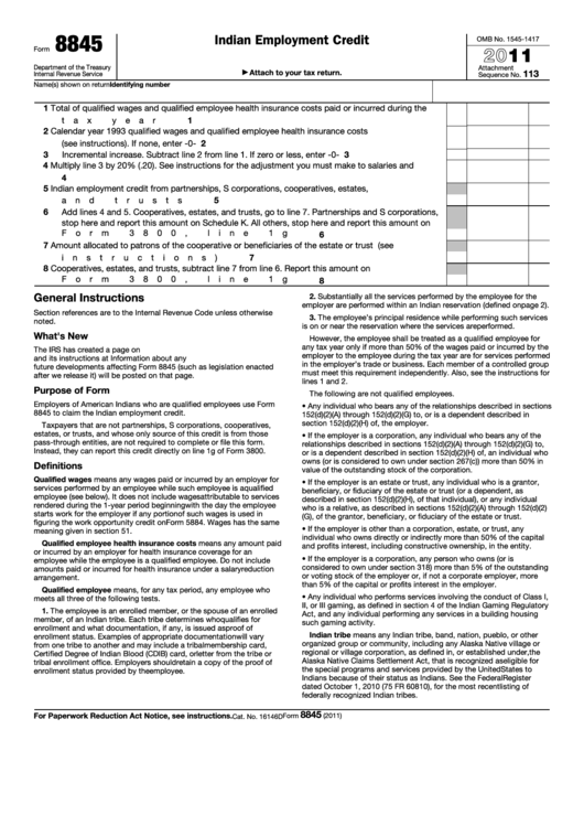 Fillable Form 8845 - Indian Employment Credit - 2011 Printable pdf