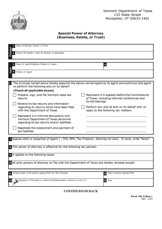 Fillable Form Pa-1 - Special Power Of Attorney (Business, Estate, Or Trust) Printable pdf