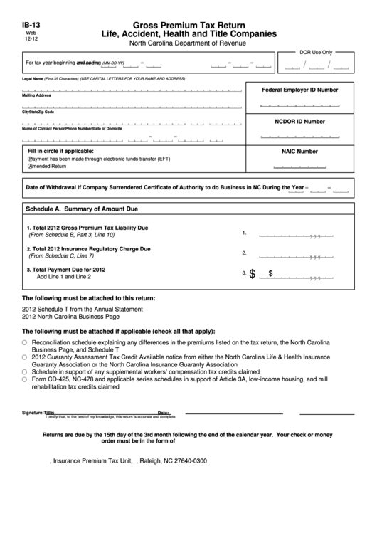 Fillable Form Ib-13 - Gross Premium Tax Return Life, Accident, Health And Title Companies Printable pdf