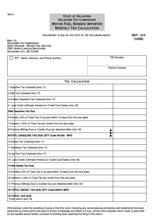 Form Dst - 214 - Motor Fuel Bonded Importer Monthly Tax Calculation Printable pdf