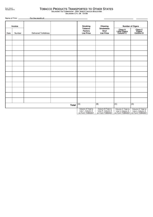 Fillable Form 18-8-C - Tobacco Products Transported To Other States Printable pdf