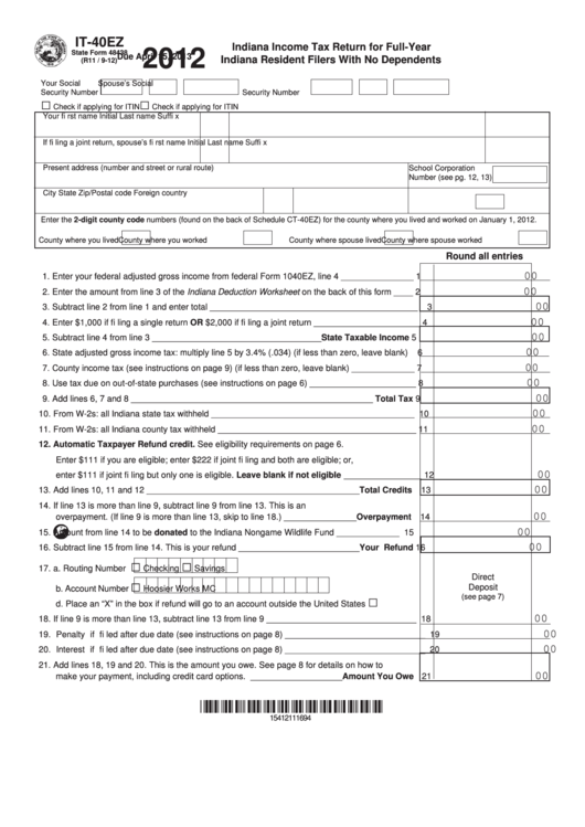 Fillable Form It-40ez - Indiana Income Tax Return For Full-Year Indiana Resident Filers With No Dependents - 2012 Printable pdf