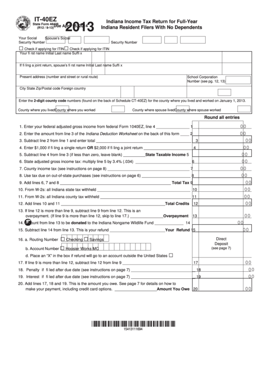 Fillable Form It-40ez - Indiana Income Tax Return For Full-Year Indiana Resident Filers With No Dependents - 2013 Printable pdf