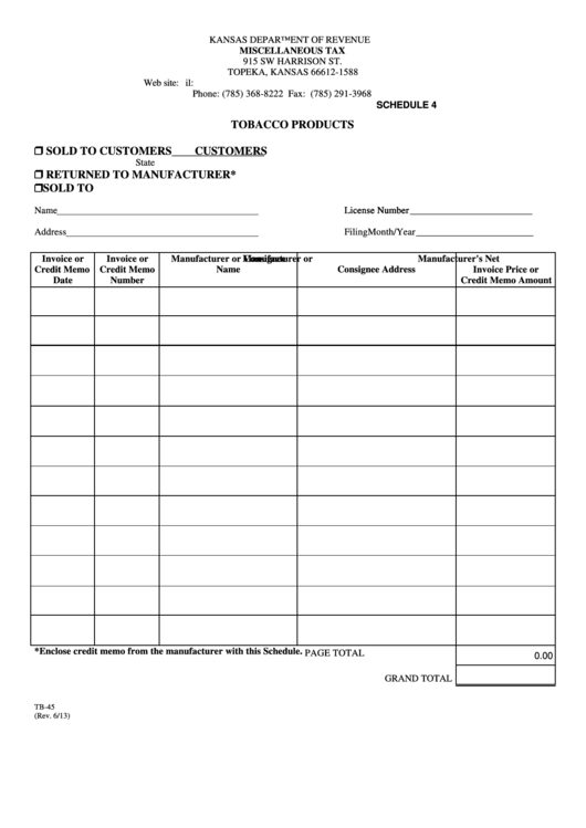 Fillable Form Tb-45 (Schedule 4) - Tobacco Products Printable pdf
