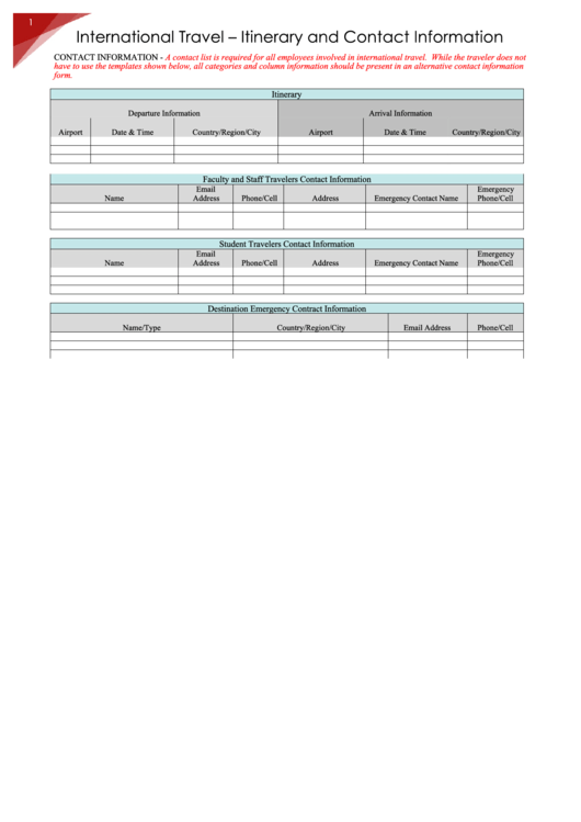 International Travel - Itinerary And Contact Information Form Printable pdf