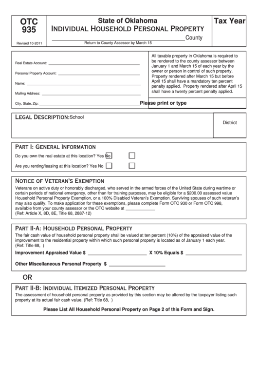 Fillable Form Otc935 - Individual Household Personal Property Printable pdf
