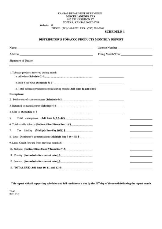 Fillable Form Tb-43 (Schedule 1) - Distributors Tobacco Products Monthly Report Printable pdf