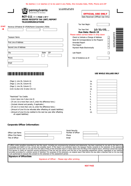 Fillable Form Rct-111 - Gross Receipts Tax (Grt) Report Telecommunications Printable pdf