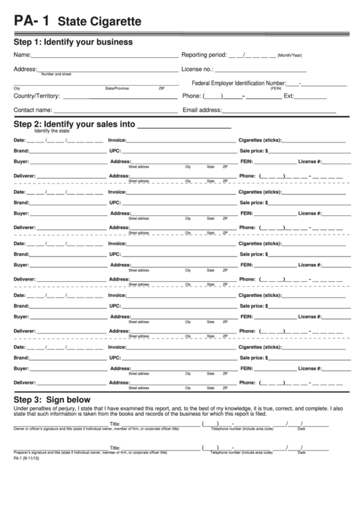 Form Pa-1 - State Cigarette P.a.c.t. Act Report Printable pdf