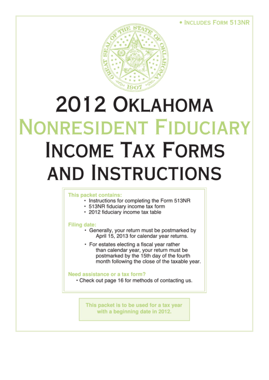 Fillable Form 513nr - Oklahoma Nonresident Fiduciary Return Of Income - 2012 Printable pdf