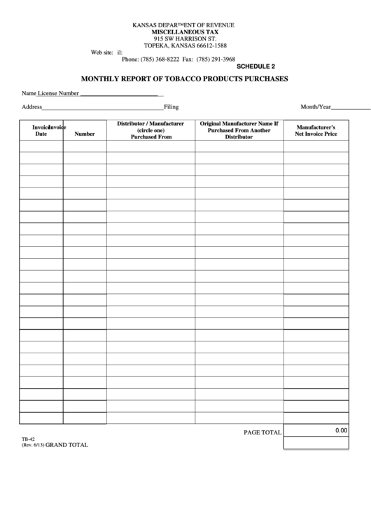 Fillable Form Tb-42 (Schedule 2) - Monthly Report Of Tobacco Products Purchases Printable pdf