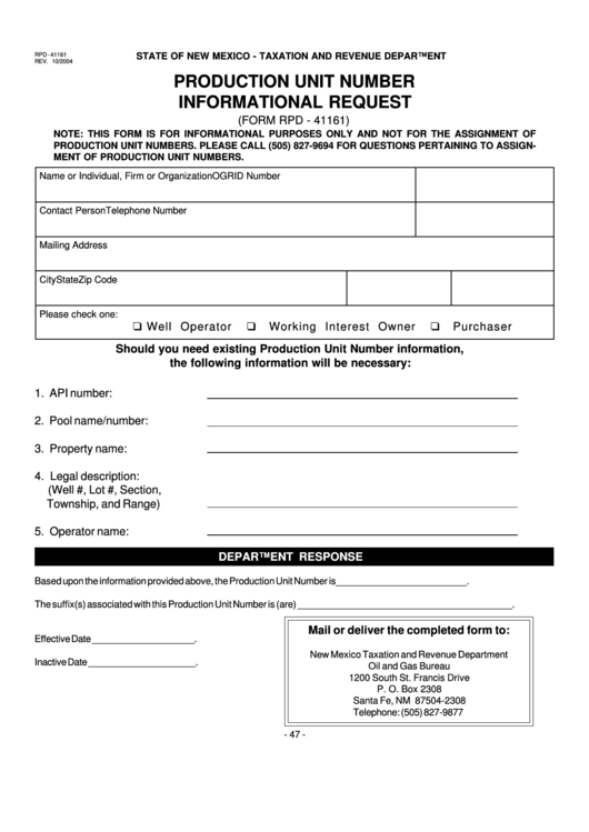 Form Rpd-41161 - Production Unit Number Informational Request Printable pdf
