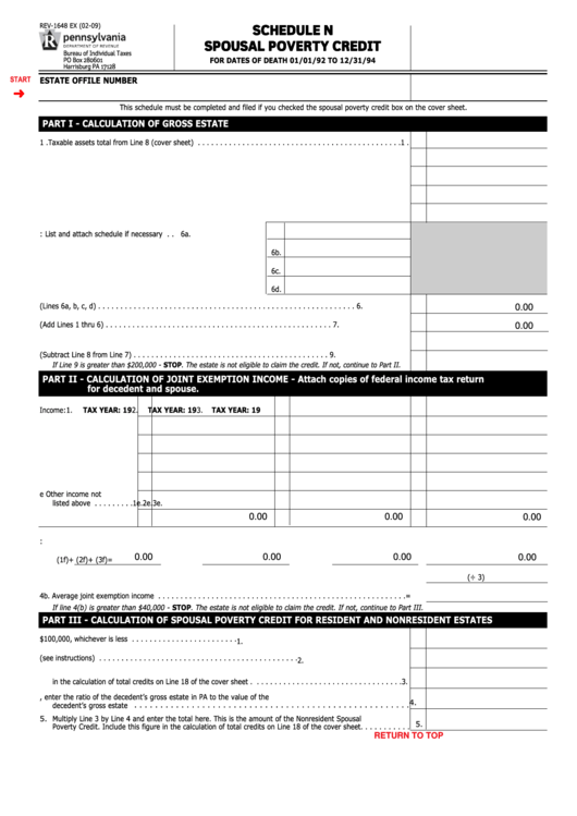 Fillable Form Rev-1648 Ex - Schedule N - Spousal Poverty Credit Printable pdf