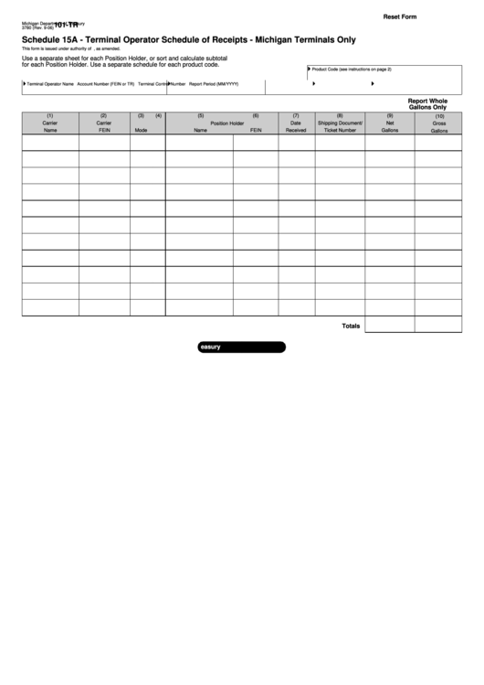 Fillable Form 3780 (Schedule 15a) - Terminal Operator Schedule Of Receipts - Michigan Terminals Only Printable pdf