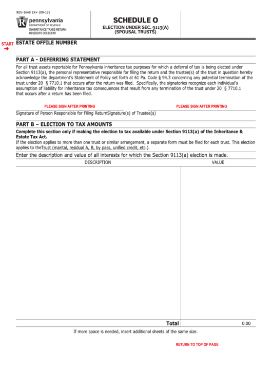 Fillable Form Rev-1649 Ex - Schedule O - Election Under Sec. 9113(A) (Spousal Trusts) Printable pdf