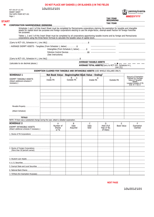 Fillable Form Rct-106 - Insert Sheet Printable pdf