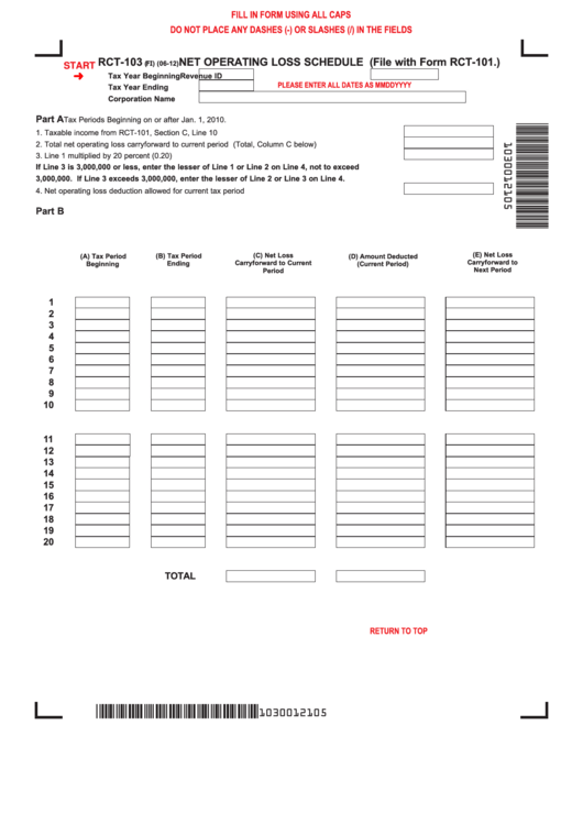 Fillable Form Rct-103 - Net Operating Loss Schedule (File With Form Rct-101.) Printable pdf