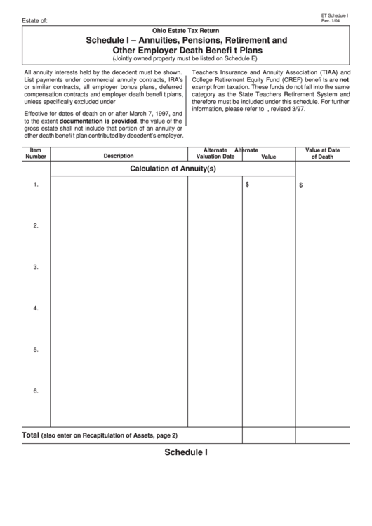 Fillable Schedule I Annuities, Pensions, Retirement And Other