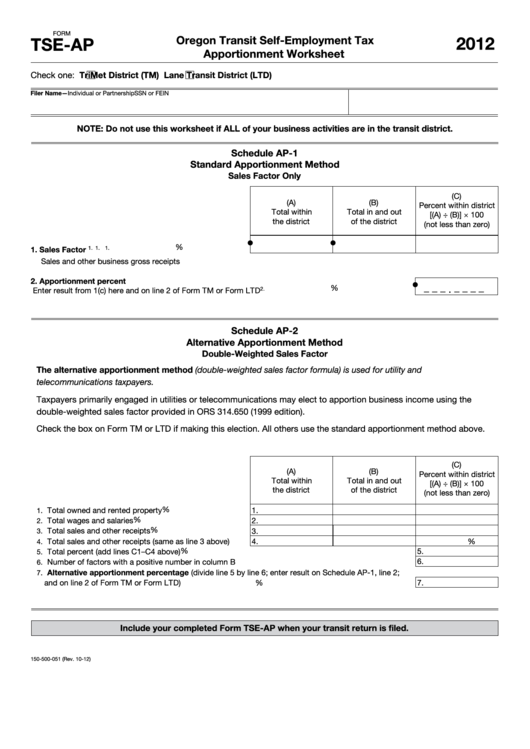 Fillable Form Tse-Ap - Oregon Transit Self-Employment Tax Apportionment Worksheet - 2012 Printable pdf