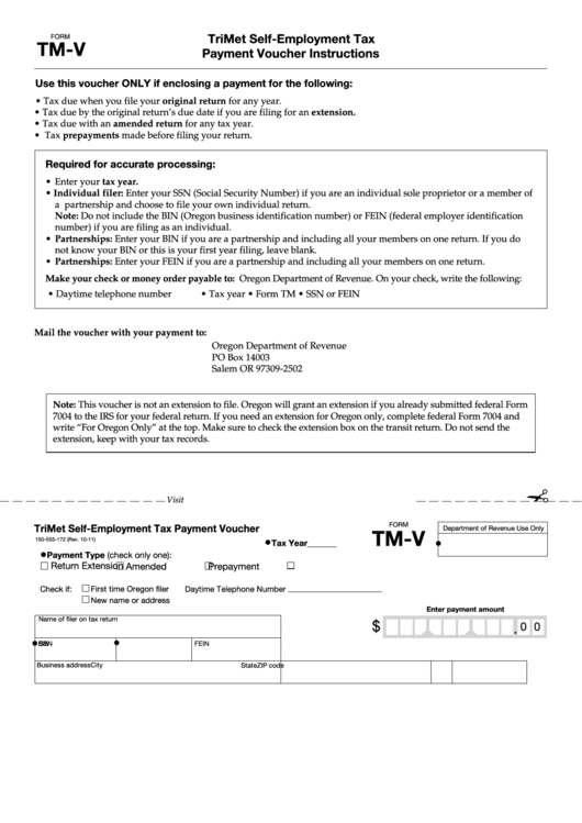 Fillable Form Tm-V - Trimet Self-Employment Tax Payment Voucher Printable pdf