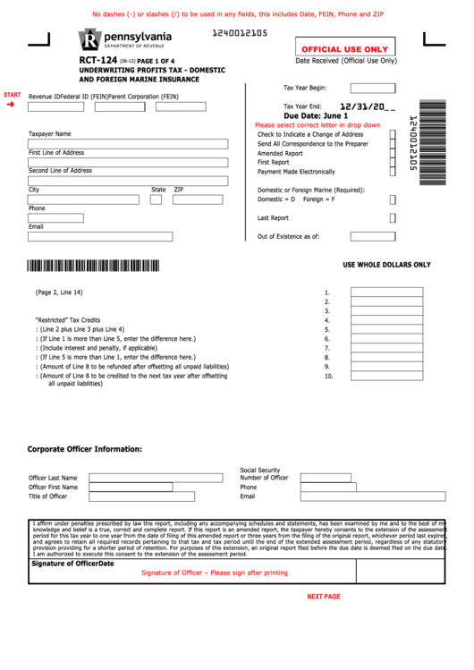 Fillable Form Rct-124 - Underwriting Profits Tax - Domestic And Foreign Marine Insurance Printable pdf