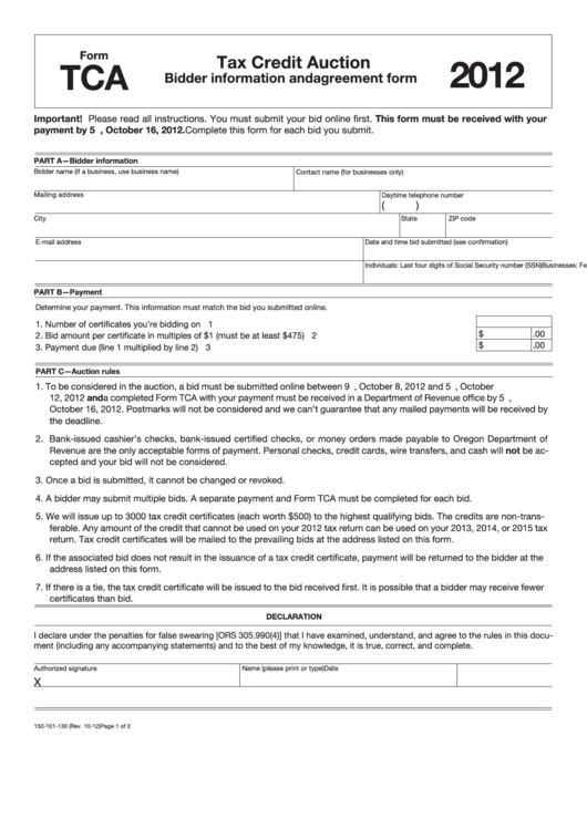 Fillable Form Tca - Tax Credit Auction - 2012 Printable pdf