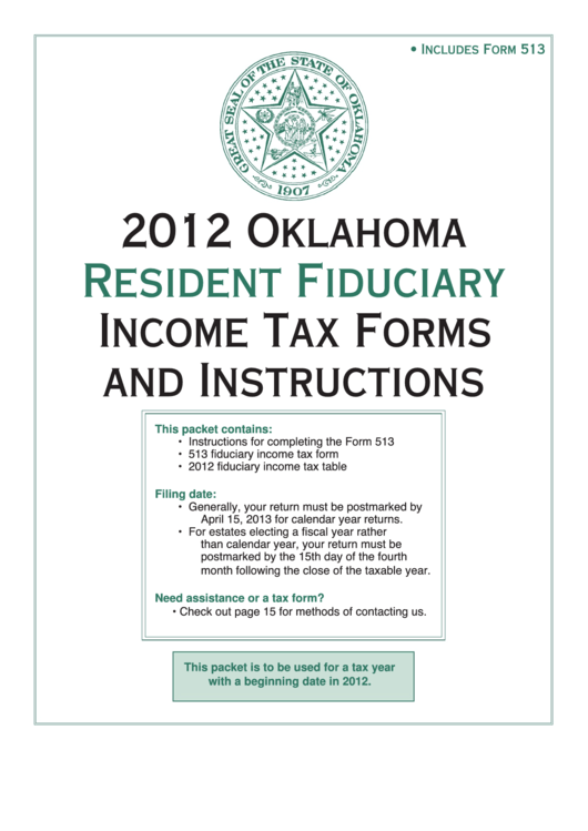 Fillable Form 513 - Oklahoma Resident Fiduciary Return Of Income - 2012 Printable pdf