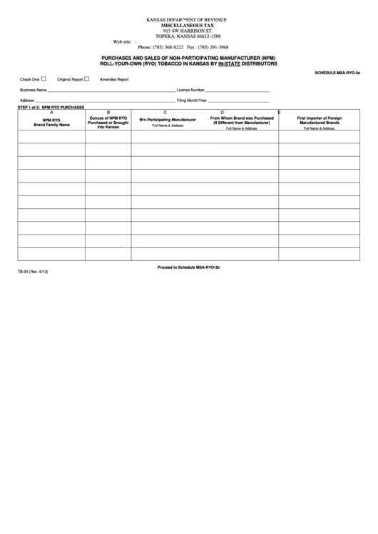 Fillable Formtb-34 - Purchases And Sales Of Non-Participating Manufacturer (Npm) Roll-Your-Own (Ryo)tobacco In Kansas By In-State Distributors Printable pdf
