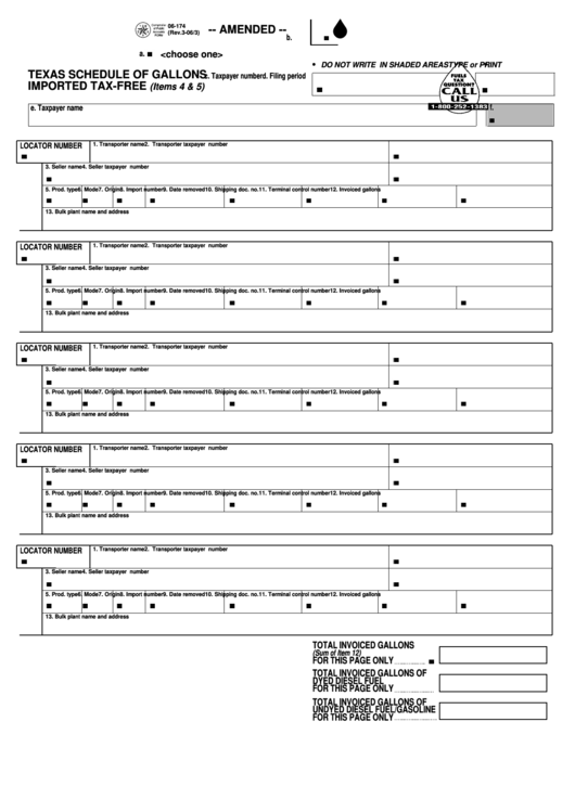 Fillable Form 06-174 - Texas Schedule Of Gallons Imported Tax-Free Printable pdf