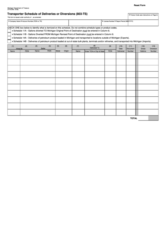 Fillable Form 3779 - Transporter Schedule Of Deliveries Of Diversions Printable pdf