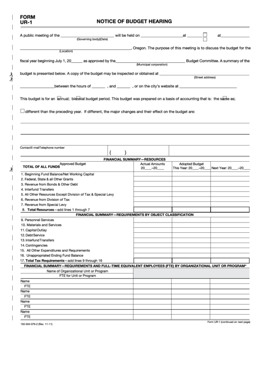 Fillable Form Ur-1 - Notice Of Budget Hearing Printable pdf
