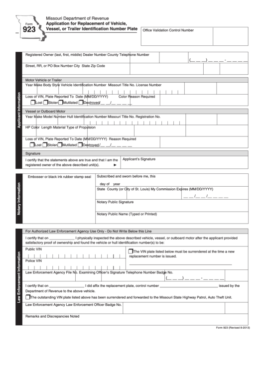 Fillable Form 923 - Application For Replacement Of Vehicle, Vessel, Or Trailer Identification Number Plate Printable pdf