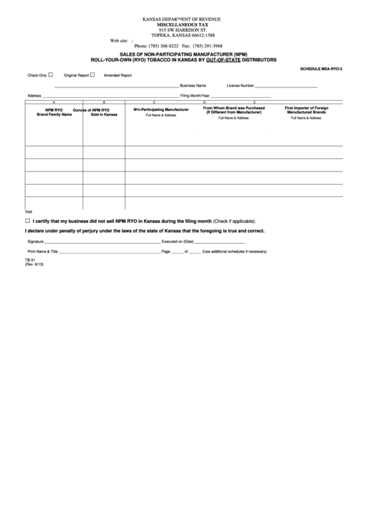Fillable Form Tb-31 - Sales Of Non-Participating Manufacturer (Npm) Roll-Your-Own (Ryo) Tobacco In Kansas By Out-Of-State Distributors Printable pdf