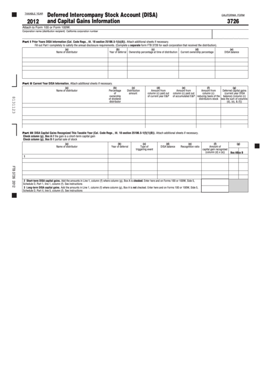 Fillable California Form 3726 - Deferred Intercompany Stock Account (Disa) And Capital Gains Information - 2012 Printable pdf