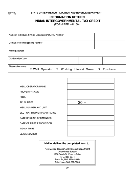 Form Rpd-41160 - Information Return - Indian Intergovernmental Tax Credit Printable pdf