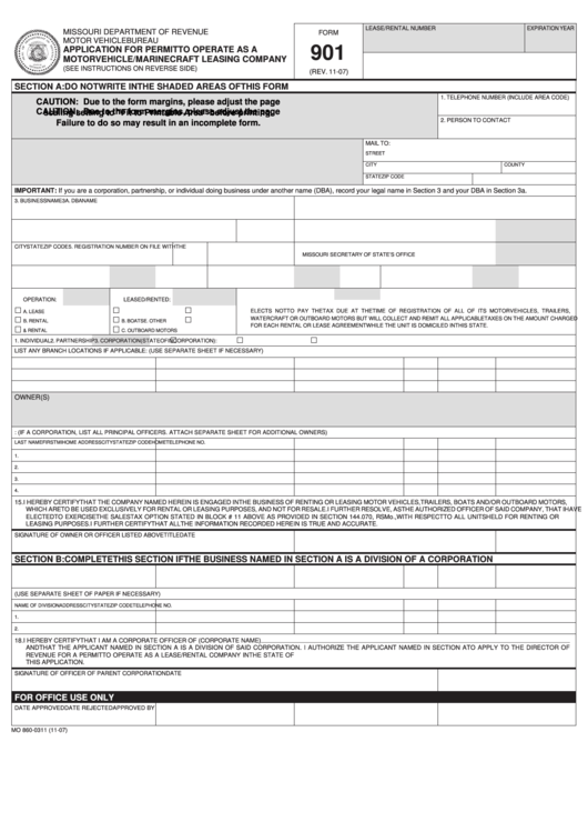 Fillable Form 901 - Application For Permit To Operate As A Motor Vehicle/marinecraft Leasing Company Printable pdf