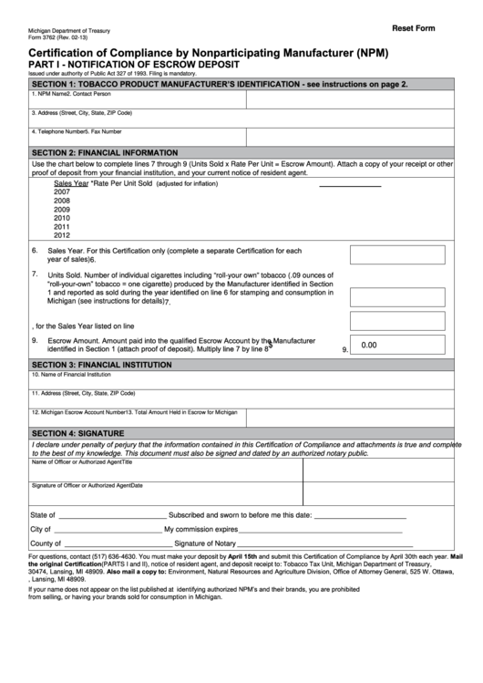 Fillable Form 3762 - Certification Of Compliance By Nonparticipating Manufacturer (Npm) Printable pdf