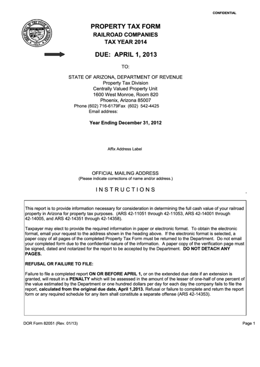 Dor Form 82051 - Property Tax Form - Railroad Companies - 2014 Printable pdf