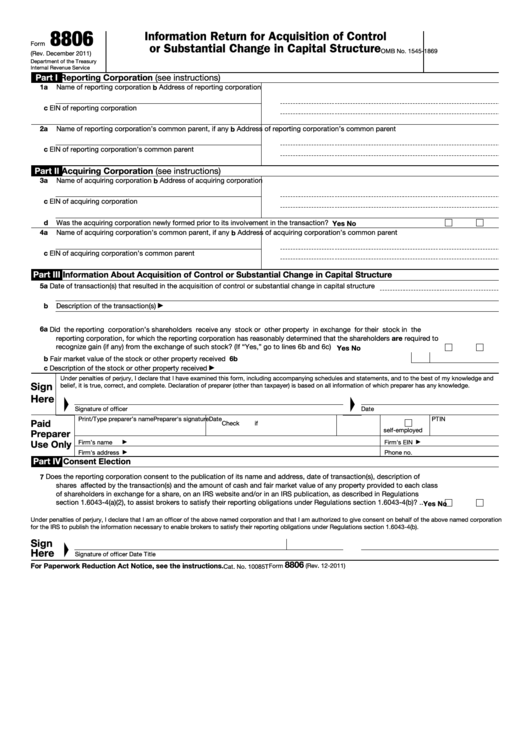 Fillable Form 8806 - Information Return For Acquisition Of Control Or Substantial Change In Capital Structure Printable pdf