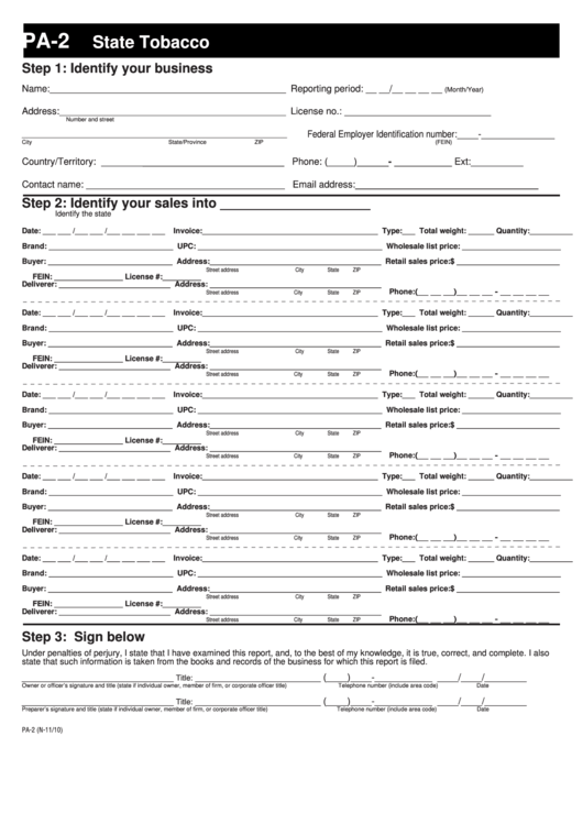 Form Pa-2 - State Tobacco P.a.c.t. Act Report Printable pdf