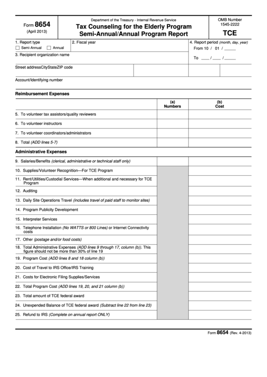 Fillable Form 8654 - Tax Counseling For The Elderly Program Semi-Annual/annual Program Report Printable pdf