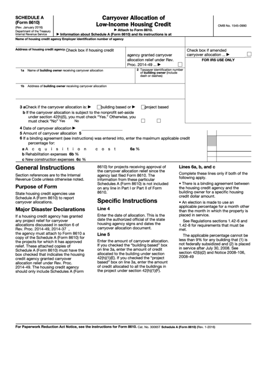 Fillable Form 8610 - Schedule A - Carryover Allocation Of Low-Income Housing Credit Printable pdf