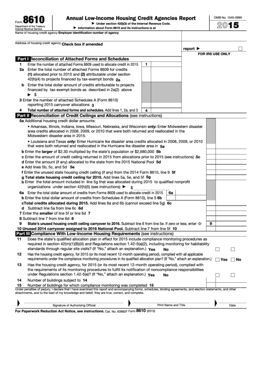 Fillable Form 8610 - Annual Low-Income Housing Credit Agencies Report - 2015 Printable pdf