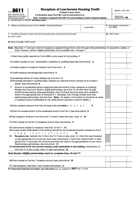 Fillable Form 8611 - Recapture Of Low-Income Housing Credit Printable pdf