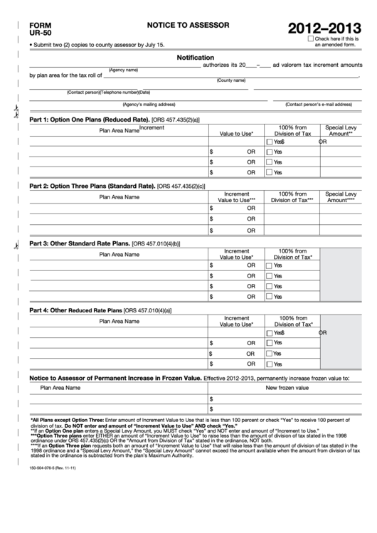 Fillable Form Ur-50 - Notice To Assessor - 2012-2013 Printable pdf