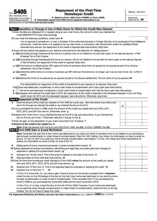 Fillable Form 5405 - Repayment Of The First-Time Homebuyer Credit Printable pdf